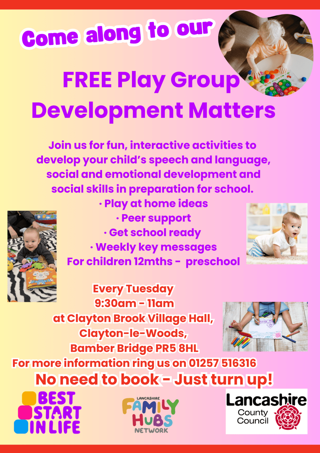 Development Matters for children aged Birth- Preschool - Tuesdays am at Clayton Brook Village Hall