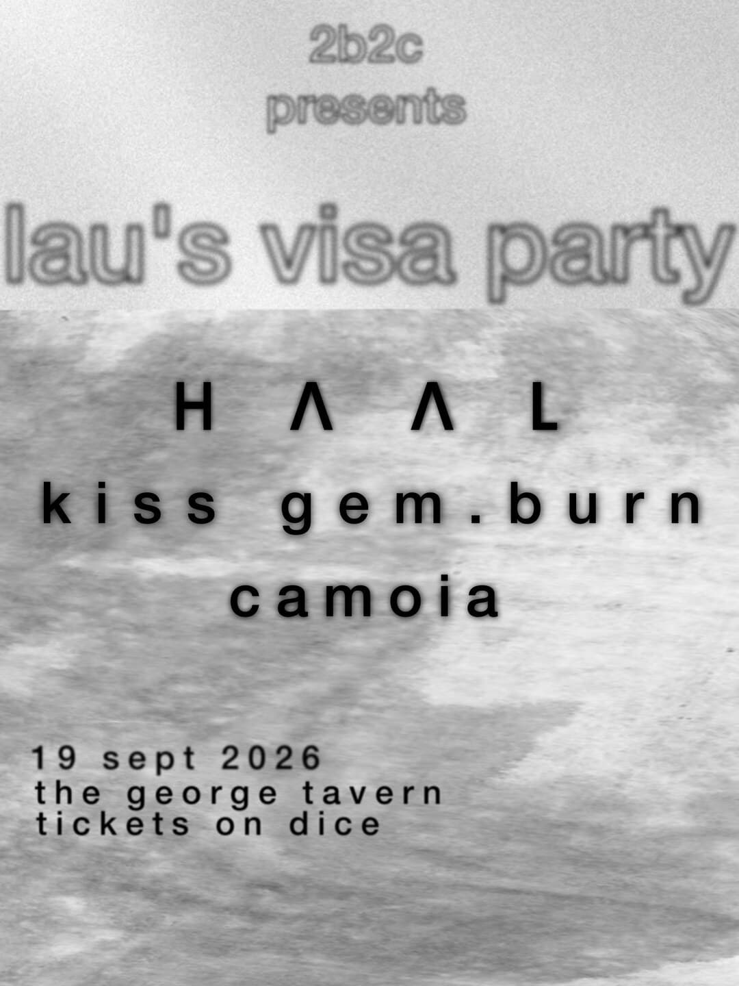 2b2c X Lau's Visa Party: Haal / Kiss Gem.burn / Camoia
