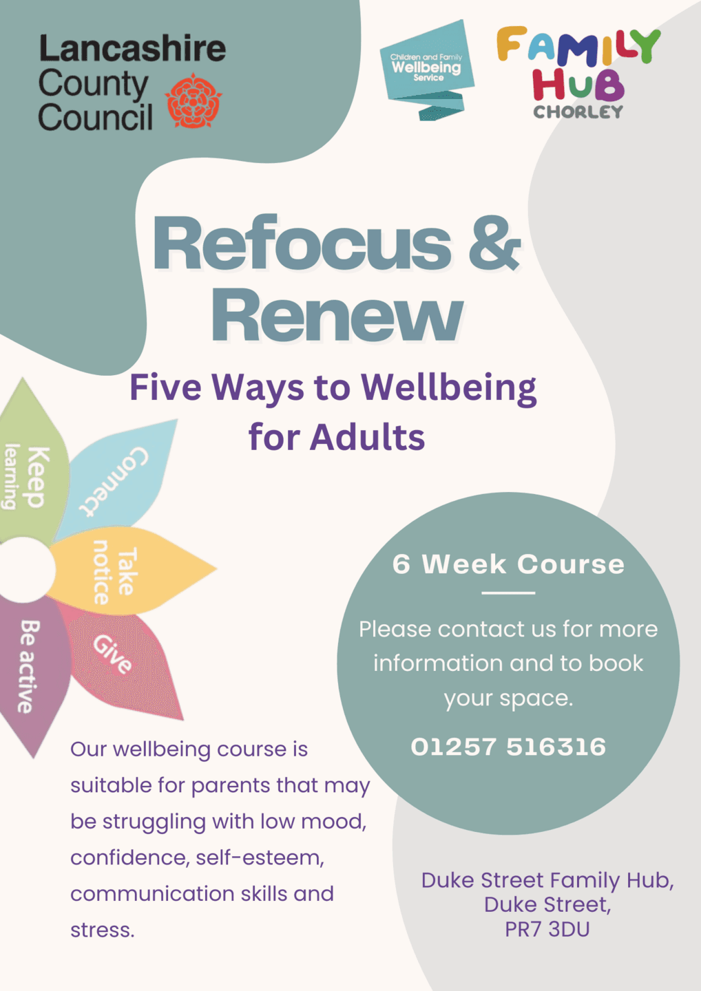 Refocus & Renew - five ways to wellbeing Friday 1pm - 2.30pm - at Duke Street